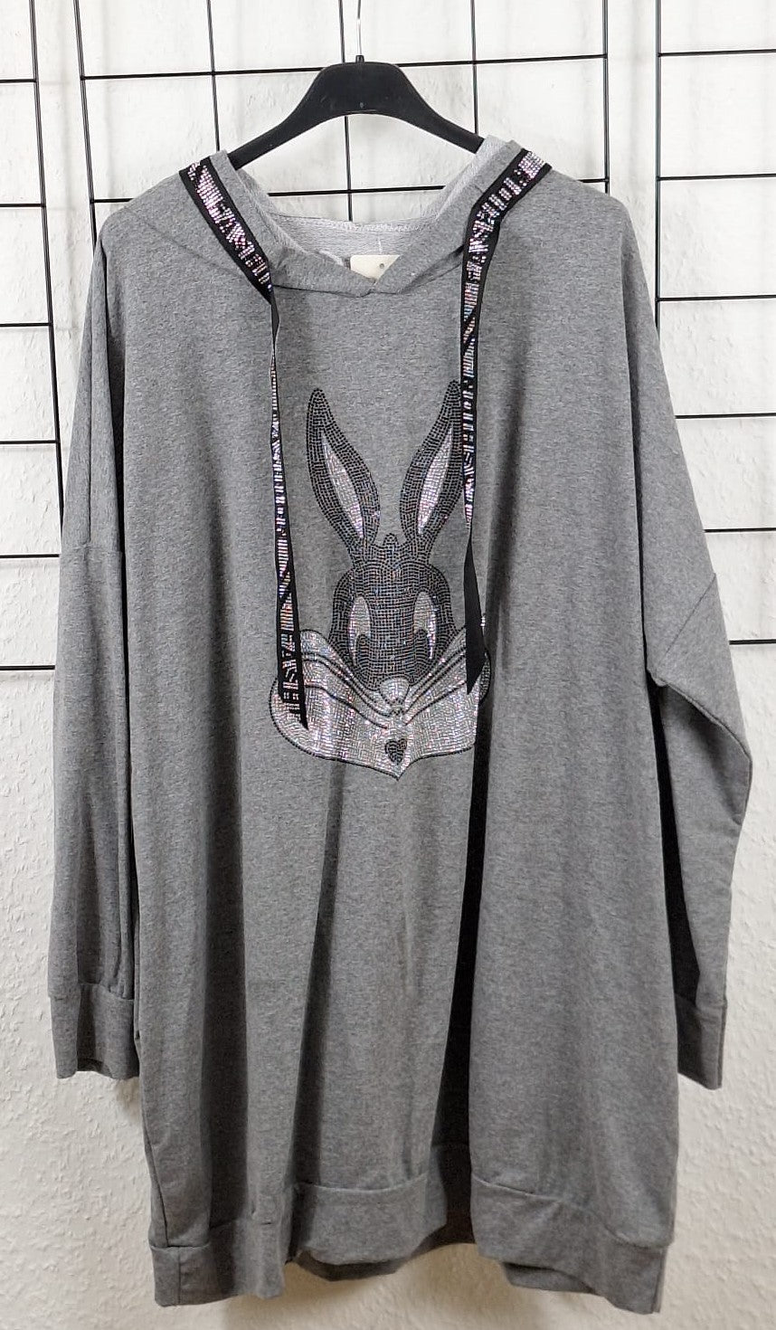 Oversize Damen Hoodie in Grau mit Hasenmotiv aus Baumwolle in großen Größen