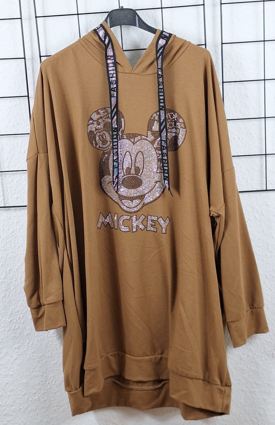 Brauner Oversize Hoodie aus Baumwolle mit glitzerndem Cartoon-Gesicht, Kapuze und lockerem Schnitt, Einheitsgröße tragbar von 48/50 bis 52/54