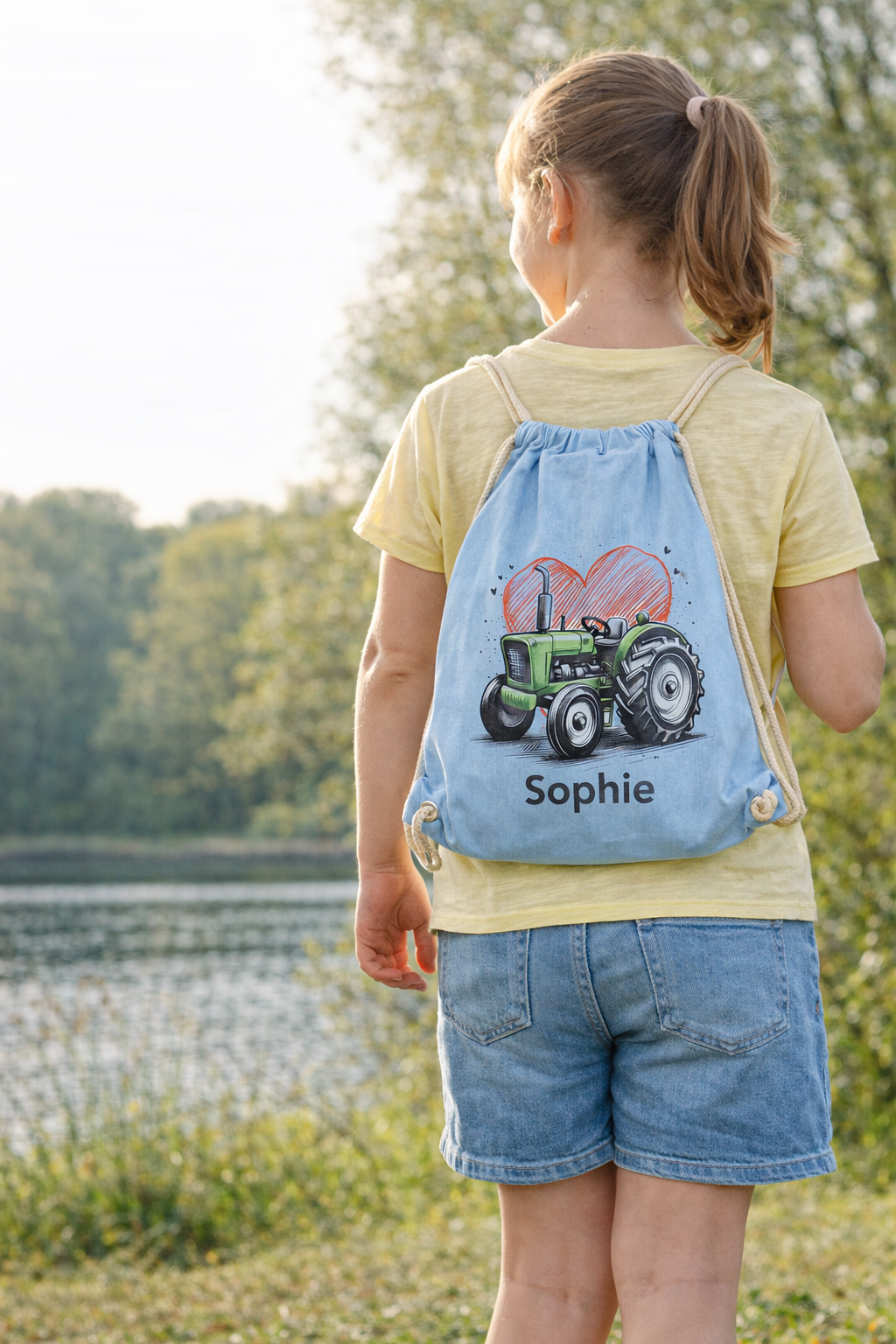 Veredelter Turnbeutel für Kinder aus Baumwolle mit Traktor Motiv personalisierbar