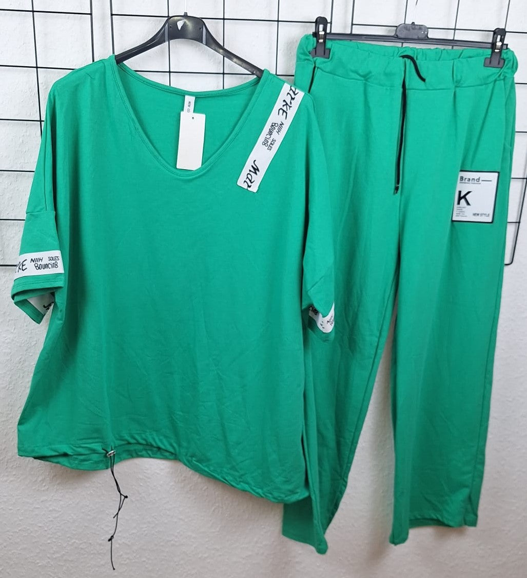 Damen Zweiteiler Set in kräftigem Grün – modisches Shirt & Hose mit Taschen – Oversize 46/48–50/52

