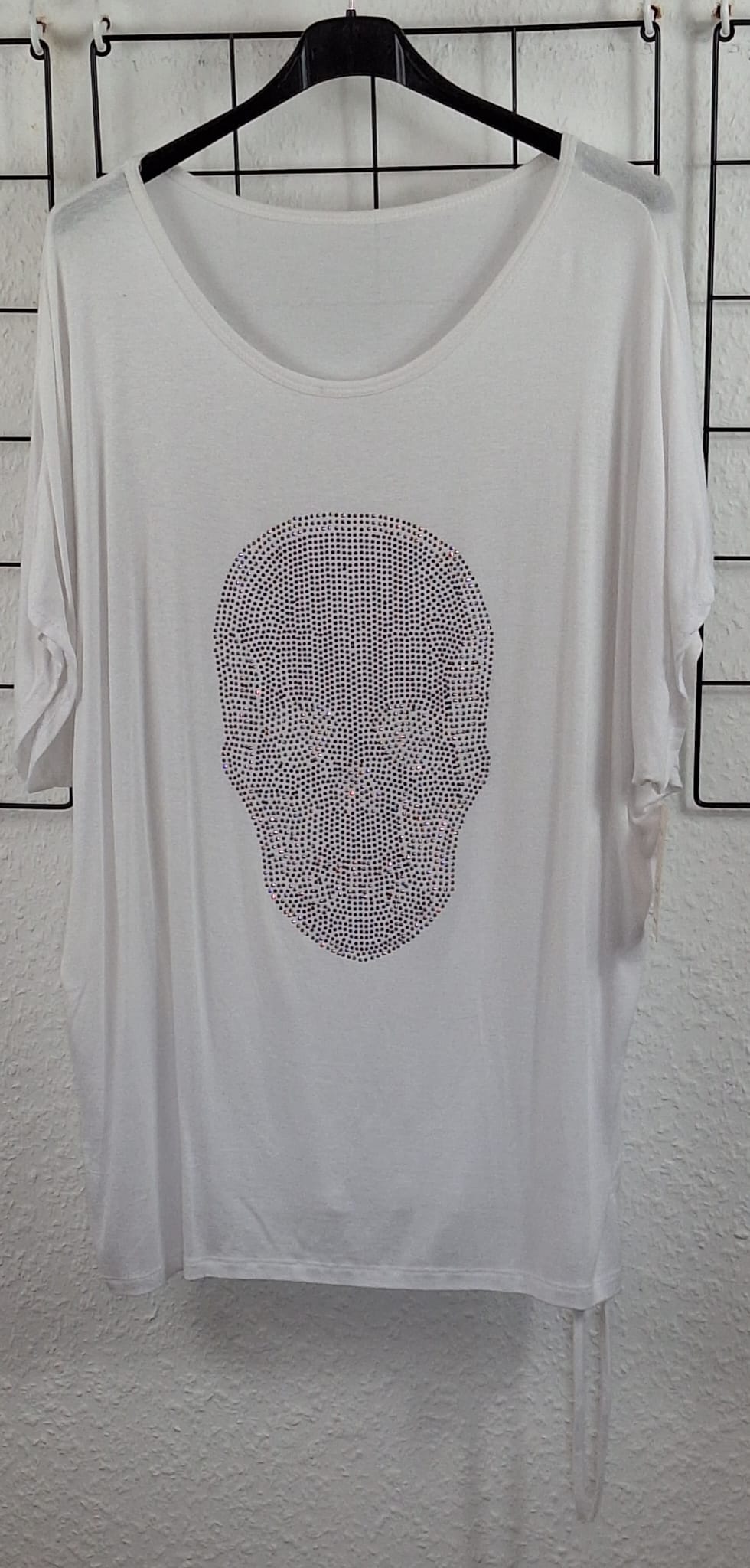 T-Shirt mit Totenkopfmuster aus Strasssteinen, seitlichen Raffungen und Kordeln