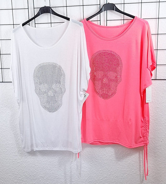 T-Shirt mit Totenkopfmuster aus Strasssteinen, seitlichen Raffungen und Kordeln