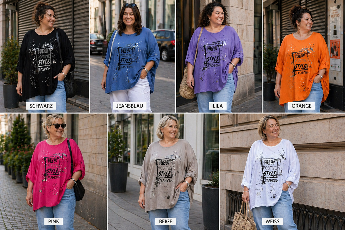 Oversize Langarmshirt Damen „New Positive Style" | Gr. 48/50-52/54 | Made in Italy