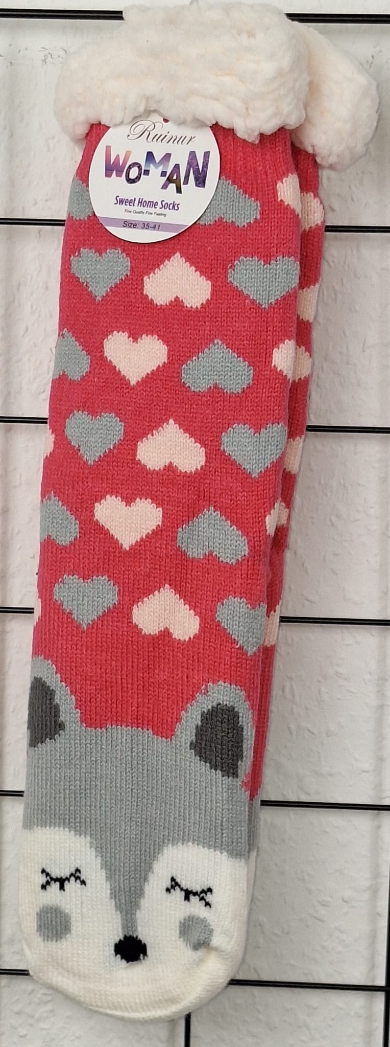 Rosa ABS-Socken mit grauen und weißen Herzen und Fuchsmotiv – warme Damensocken mit Anti-Rutsch