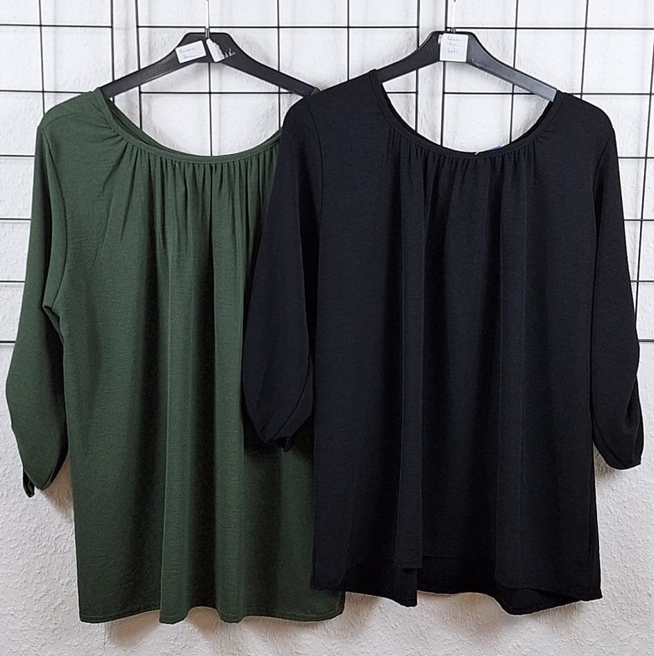 „Damen-Tunika in Schwarz und Khaki mit 3/4-Ärmeln – locker geschnitten, bequem, tragbar bis Größe 44/46, ideal für Alltag, Freizeit oder Büro“