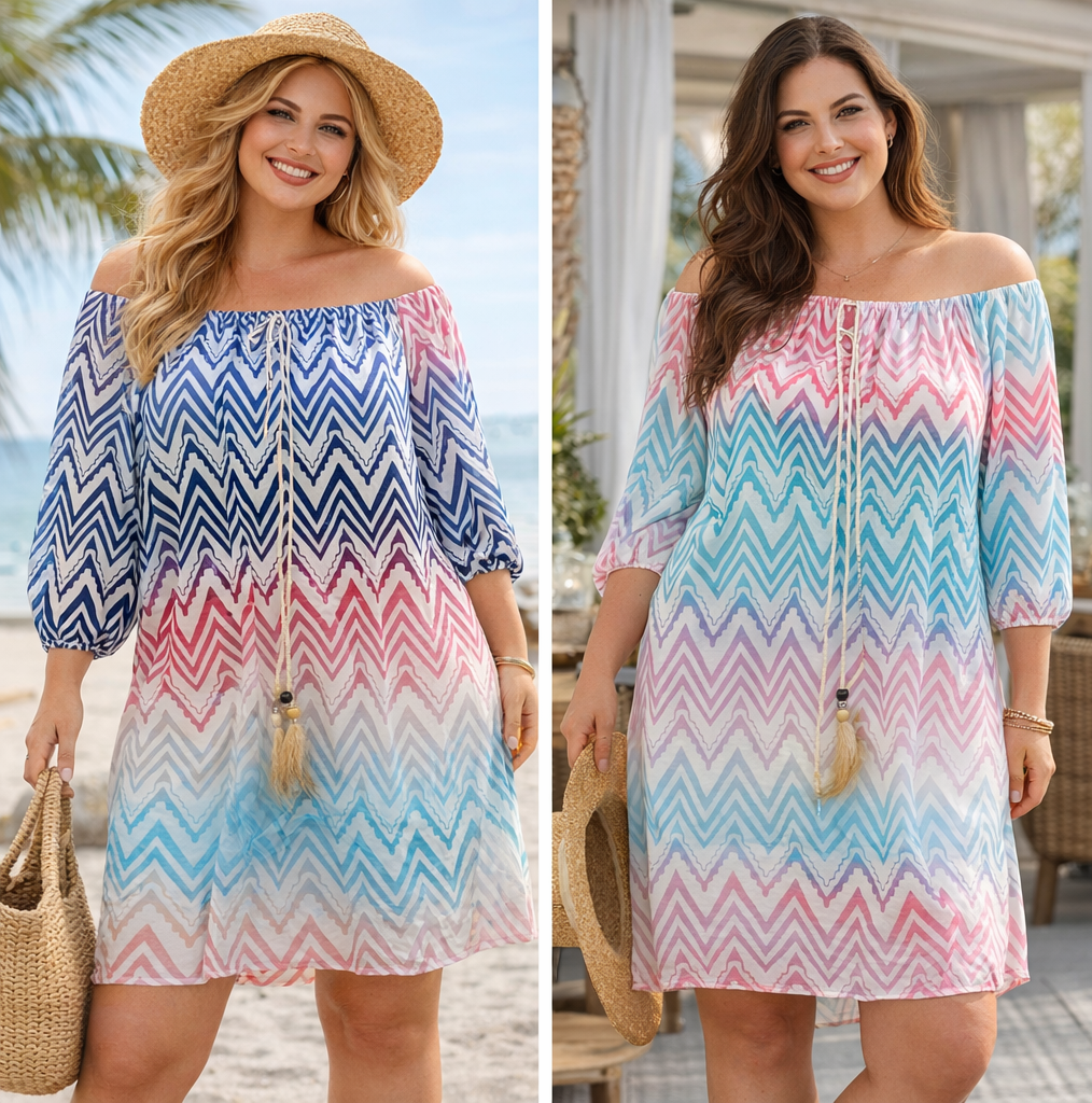 Boho Tunika Kleid Damen Zickzack Muster Oversize