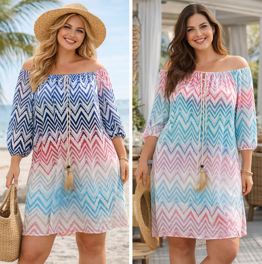 Boho Tunika Kleid Damen Zickzack Muster Oversize