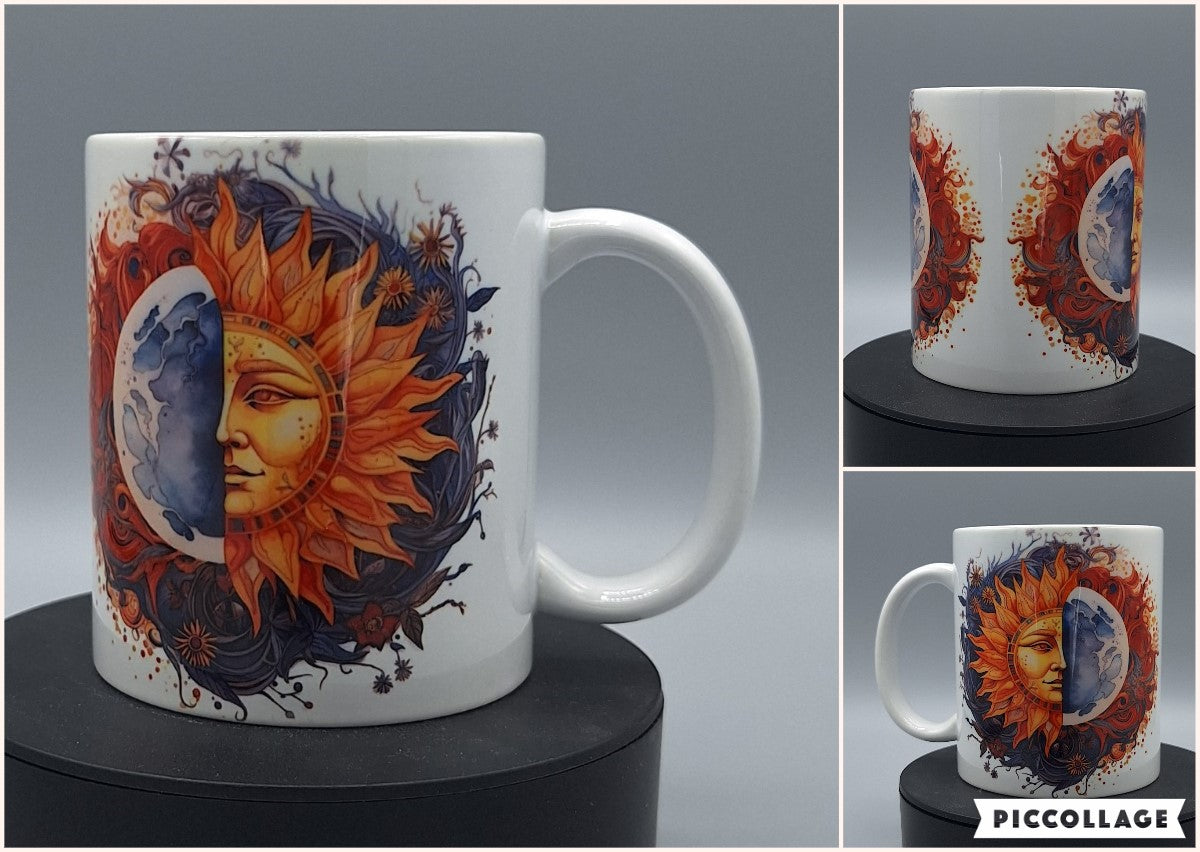Mystische Tasse mit Sonne und Mond Motiv – Boho-Stil, 330 ml Keramik

