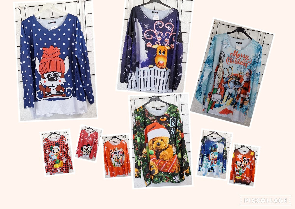 Weihnachtliches Damen Langarmshirt aus Baumwolle – dünner Pulli – Größe 36/38–48/50 – Weihnachtsmotiv – Longshirt