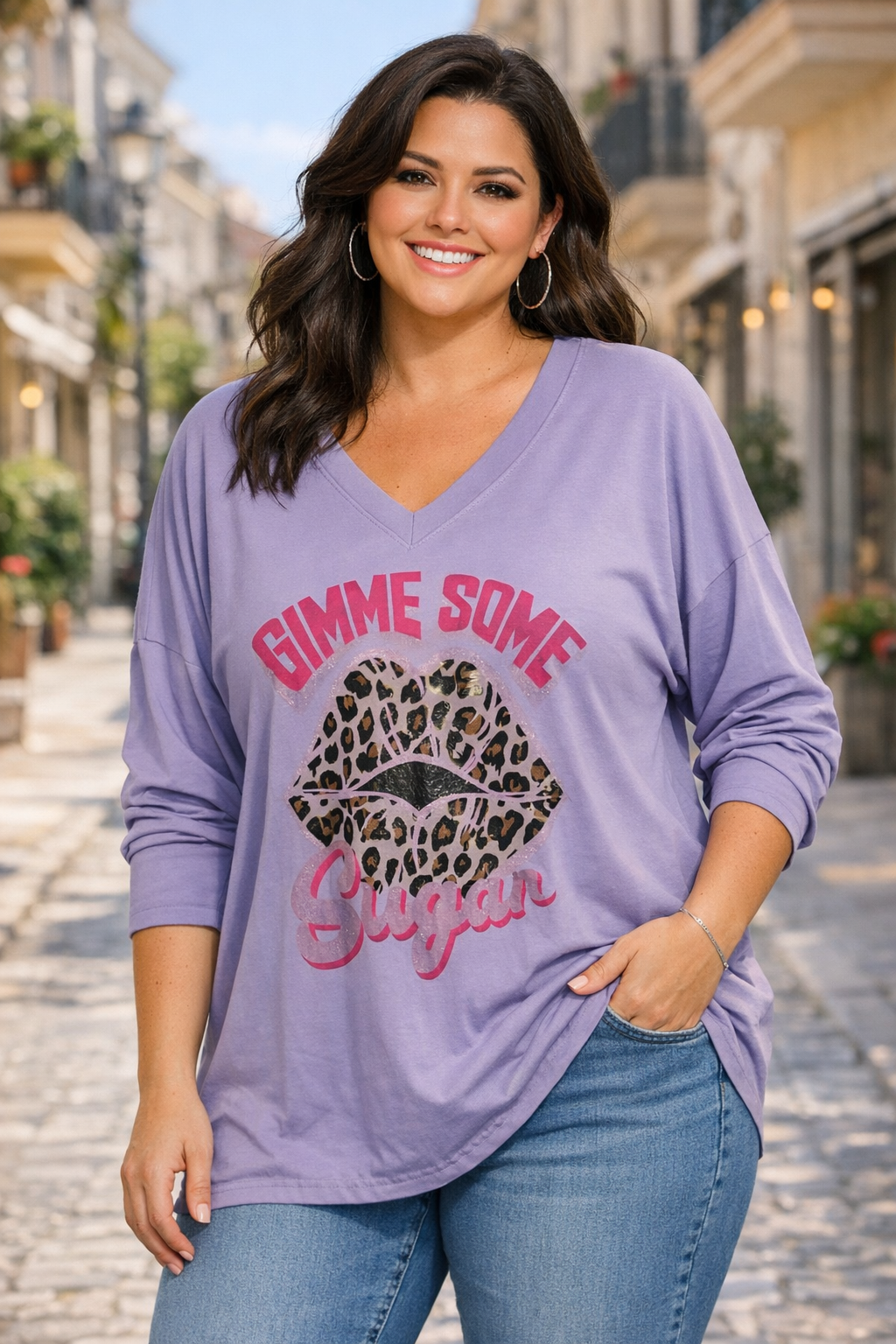 Oversize Damen Longshirt „Gimme Some Sugar“ – Leo Lippen Print – Baumwolle – tragbar 46/48 bis 52/54