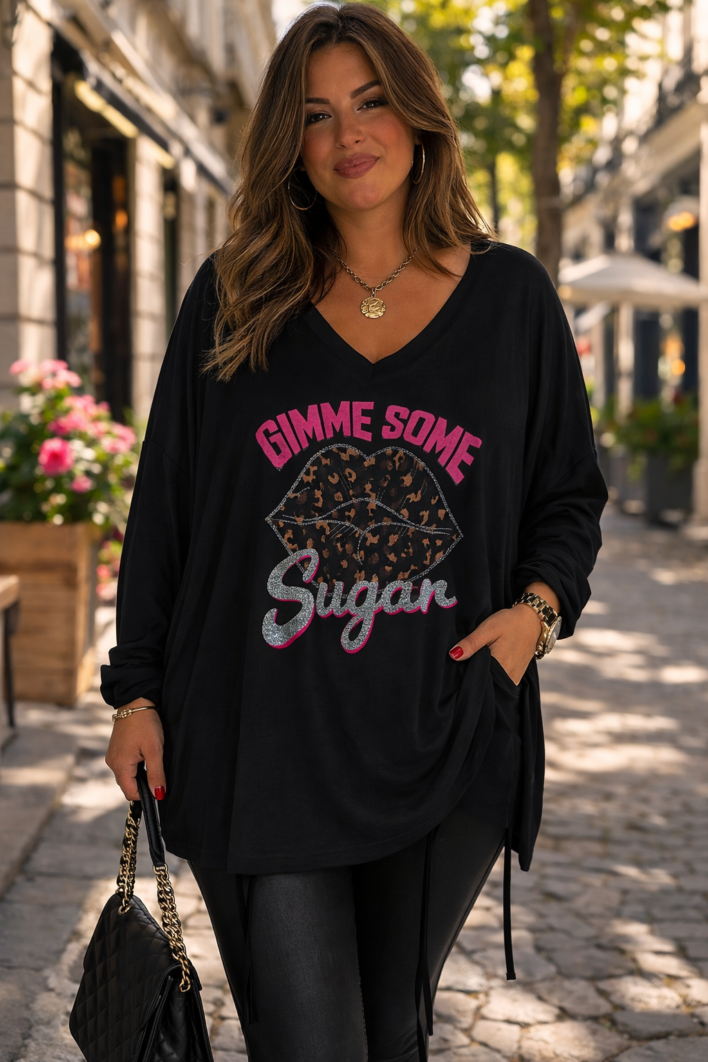 Oversize Damen Longshirt „Gimme Some Sugar“ – Leo Lippen Print – Baumwolle – tragbar 46/48 bis 52/54