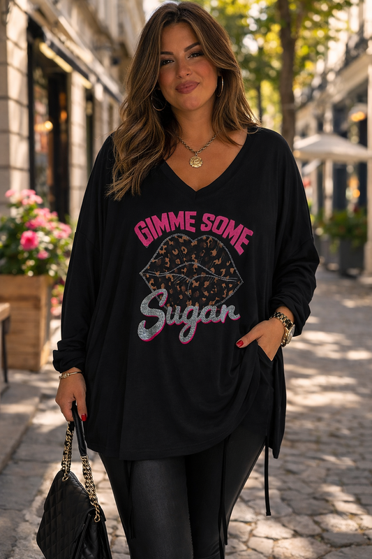 Oversize Damen Longshirt „Gimme Some Sugar“ – Leo Lippen Print – Baumwolle – tragbar 46/48 bis 52/54