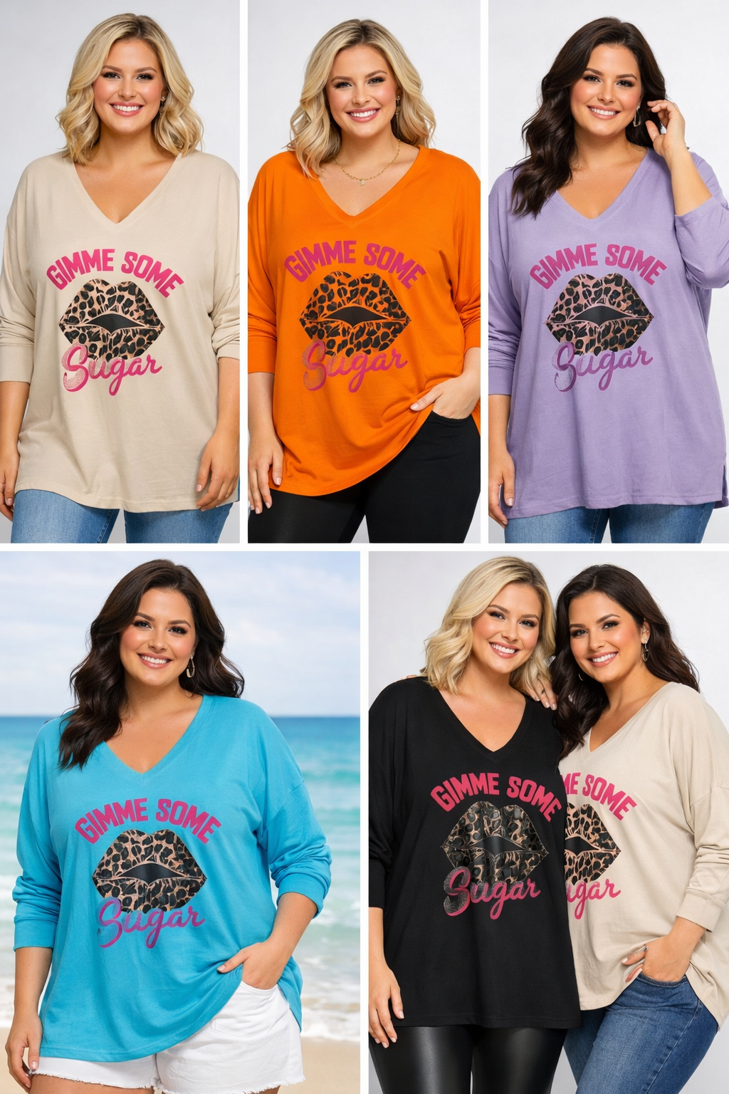 Oversize Damen Longshirt „Gimme Some Sugar“ – Leo Lippen Print – Baumwolle – tragbar 46/48 bis 52/54