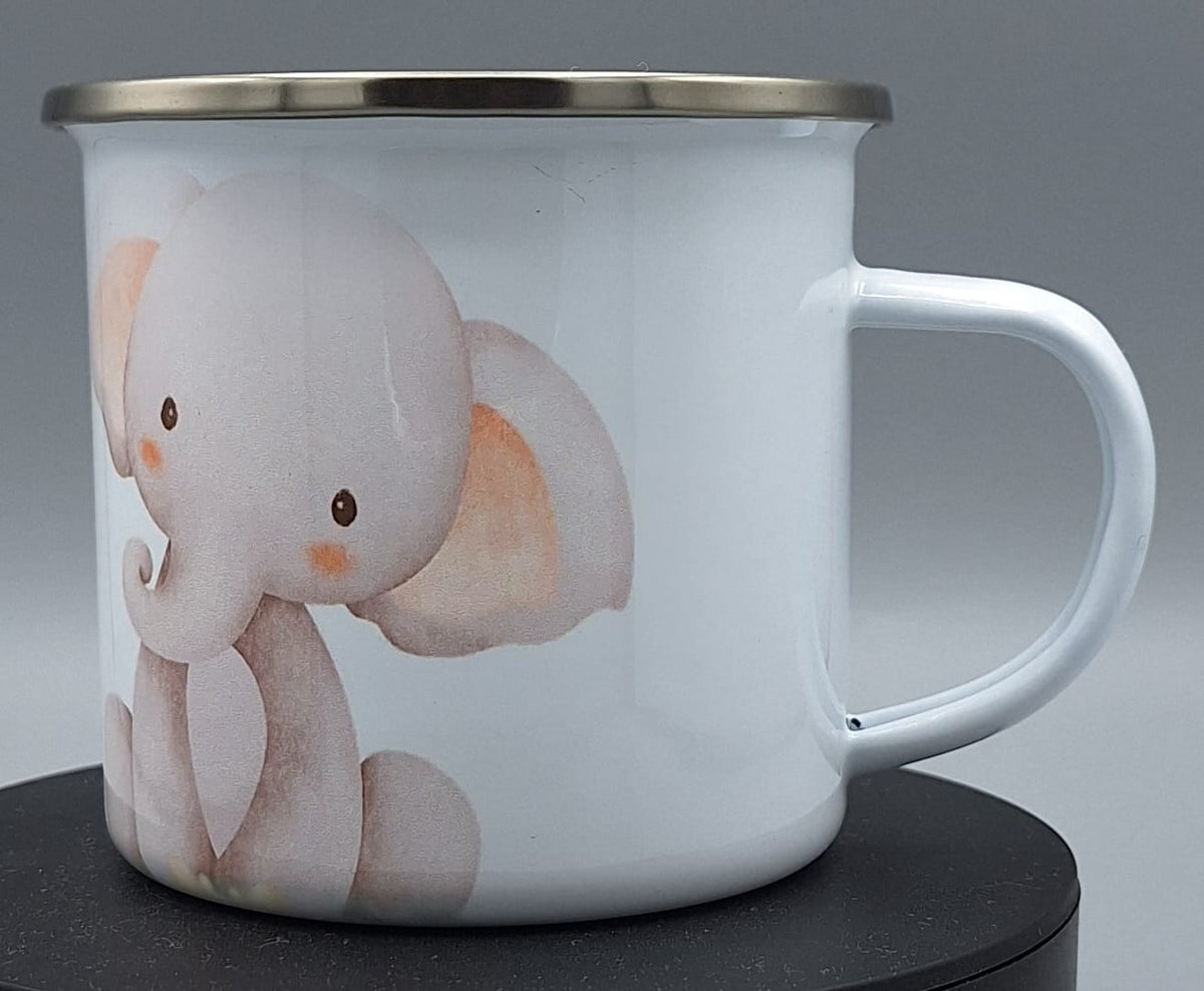 „Weiße Emailletasse mit Elefant – robust & bruchsicher für Kinder“