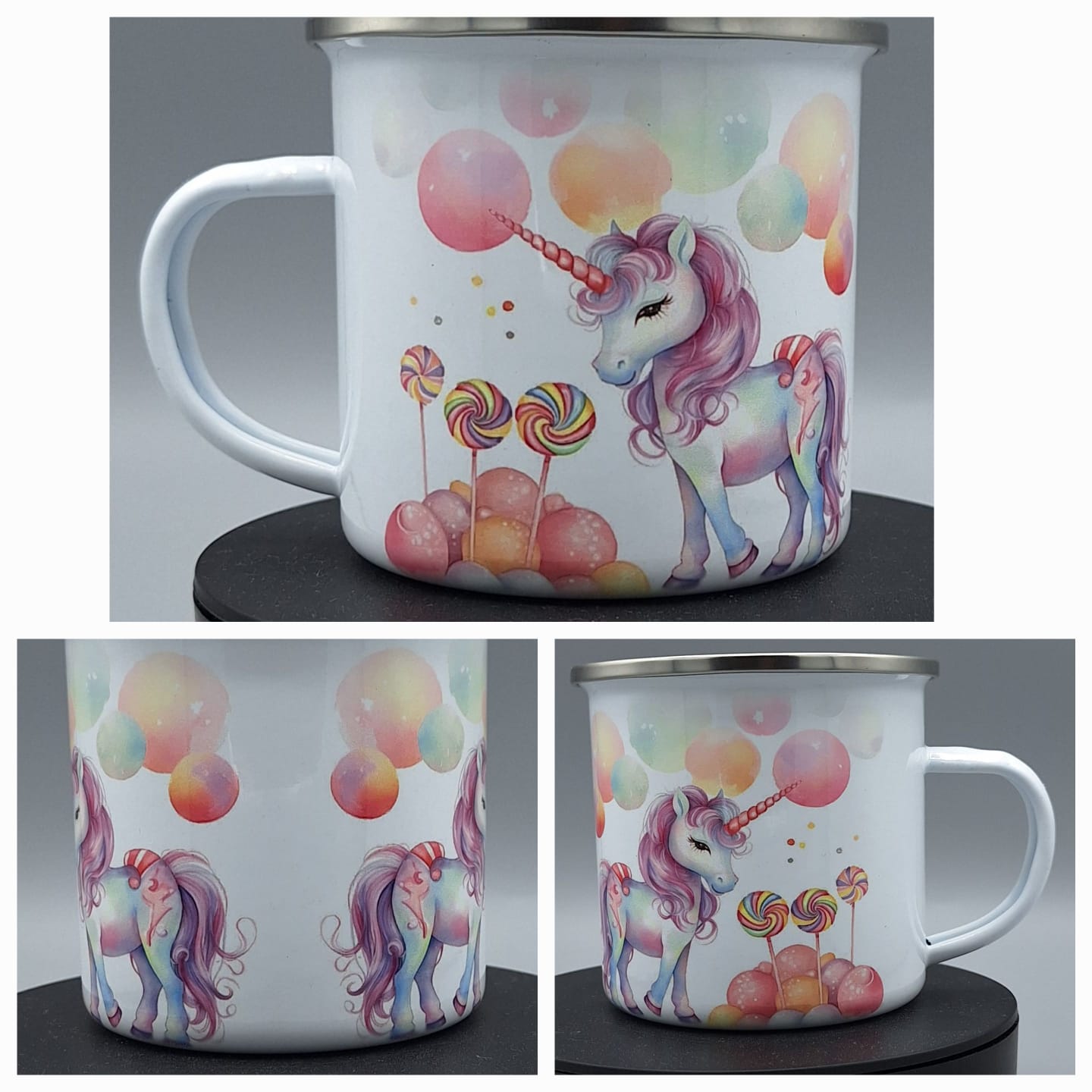 Emailletasse mit Einhorn und Lollis – weiß mit silbernem Rand


