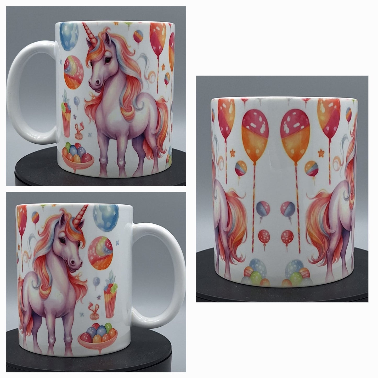 „Weiße Einhorn-Tasse mit buntem Partymotiv: Rosa-lila Einhorn mit pink-oranger Mähne, umgeben von Ballons, Lutschern und Süßigkeiten auf glänzender Keramik. Ideal für Kinder und Einhorn-Fans, 330 ml.“


