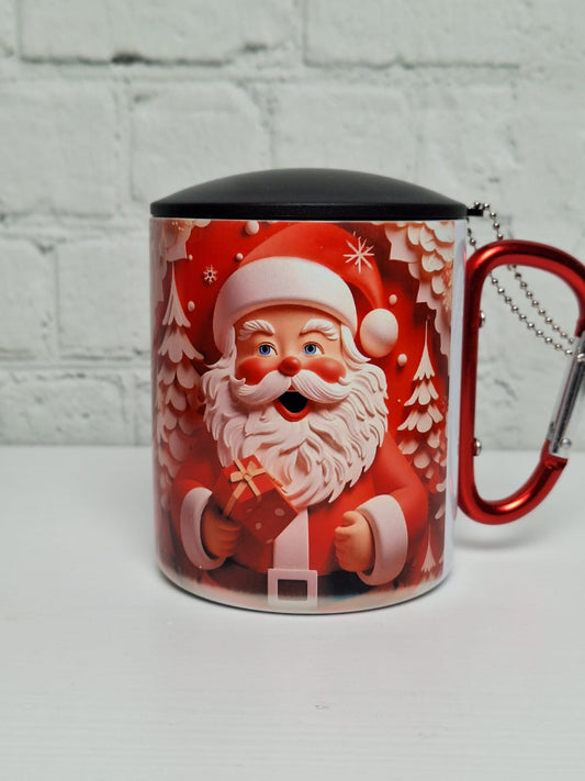 Edelstahltasse „Weihnachtsmann“ mit Deckel und rotem Karabinerhenkel