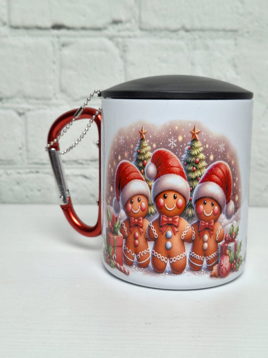 Edelstahltasse „Lebkuchenmann“ mit Deckel und rotem Karabinerhenkel