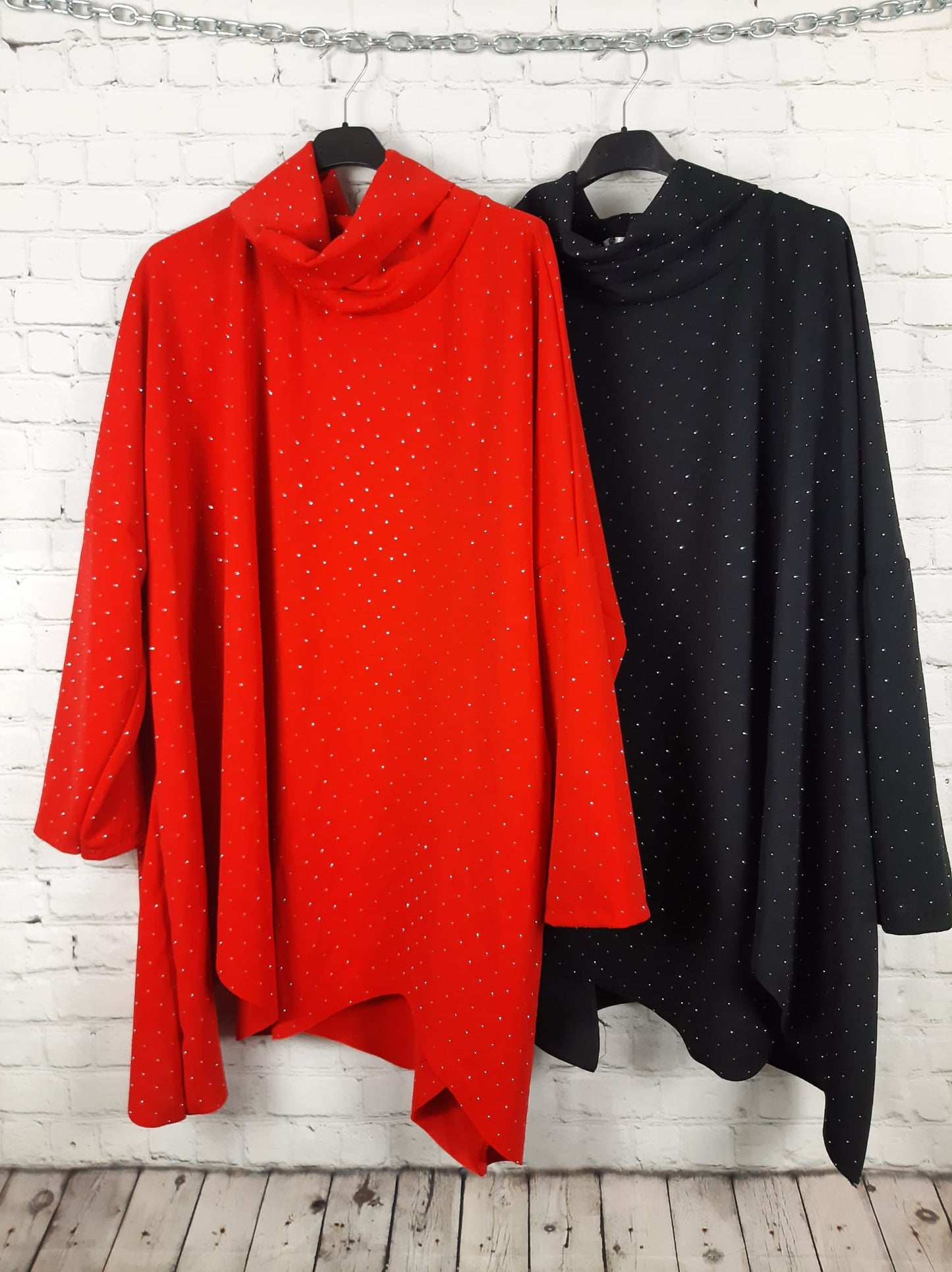 Damen Longshirt mit Strass – glitzerndes Oversize Shirt mit Rollkragen – elegant & bequem