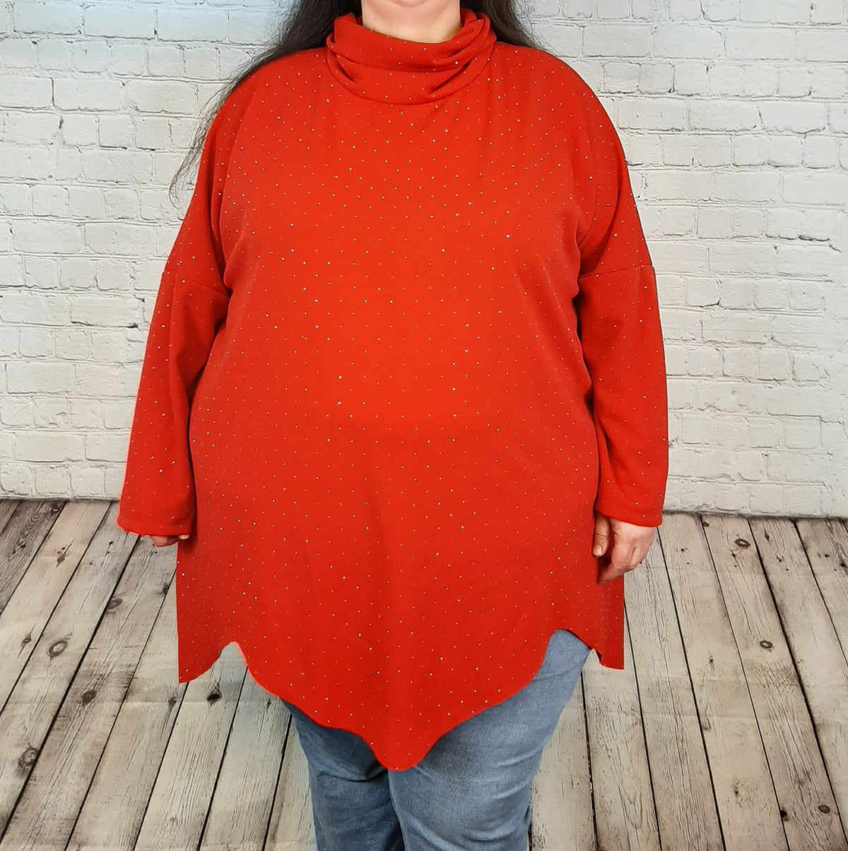 Damen Longshirt mit Strass – glitzerndes Oversize Shirt mit Rollkragen – elegant & bequem