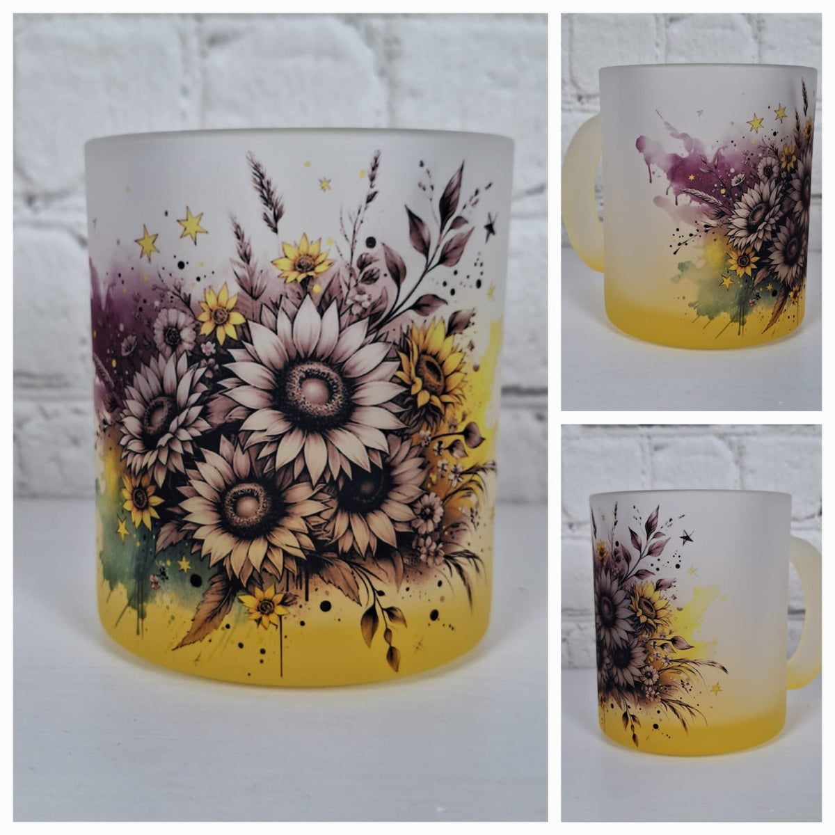 Tasse aus satiniertem Glas mit Sonnenblumenmotiv, gelbem Farbverlauf und bordeauxfarbenen Akzenten mit Sternen
