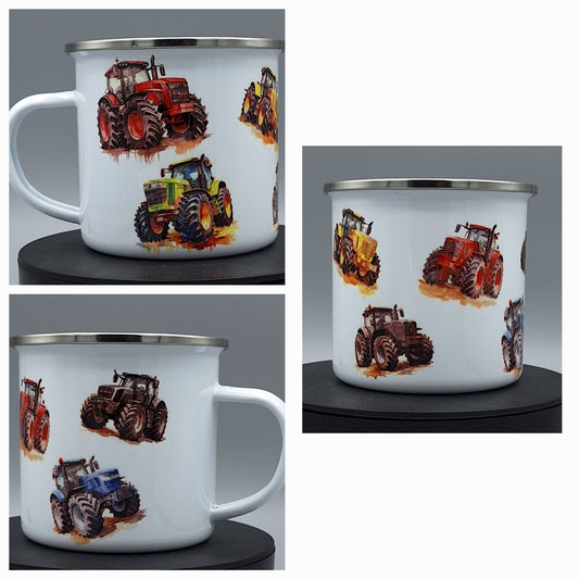 Emailletasse mit bunten Traktoren – Kindertasse Traktor – Geschenk für kleine Bauernhof-Fans
