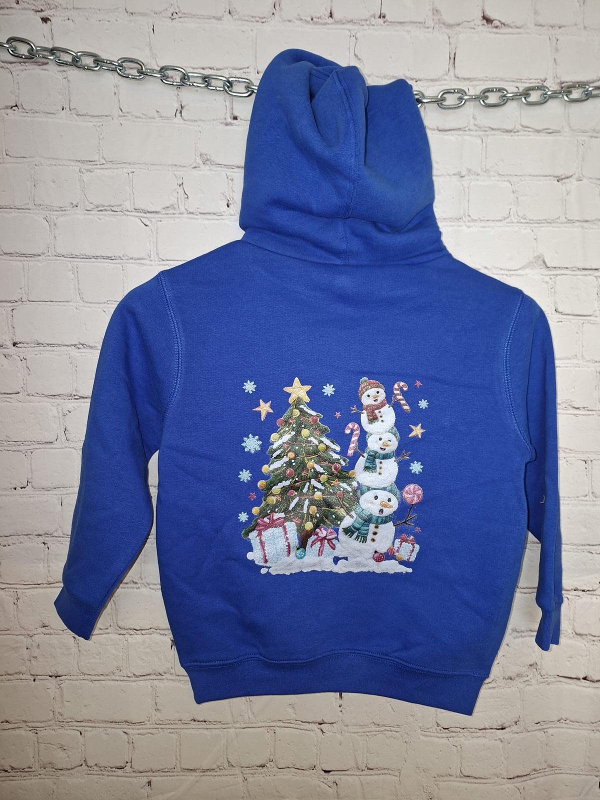 Kinder Hoodie royalblau Größe 110/116 mit Schneemännern und Weihnachtsbaum, Wintermotiv