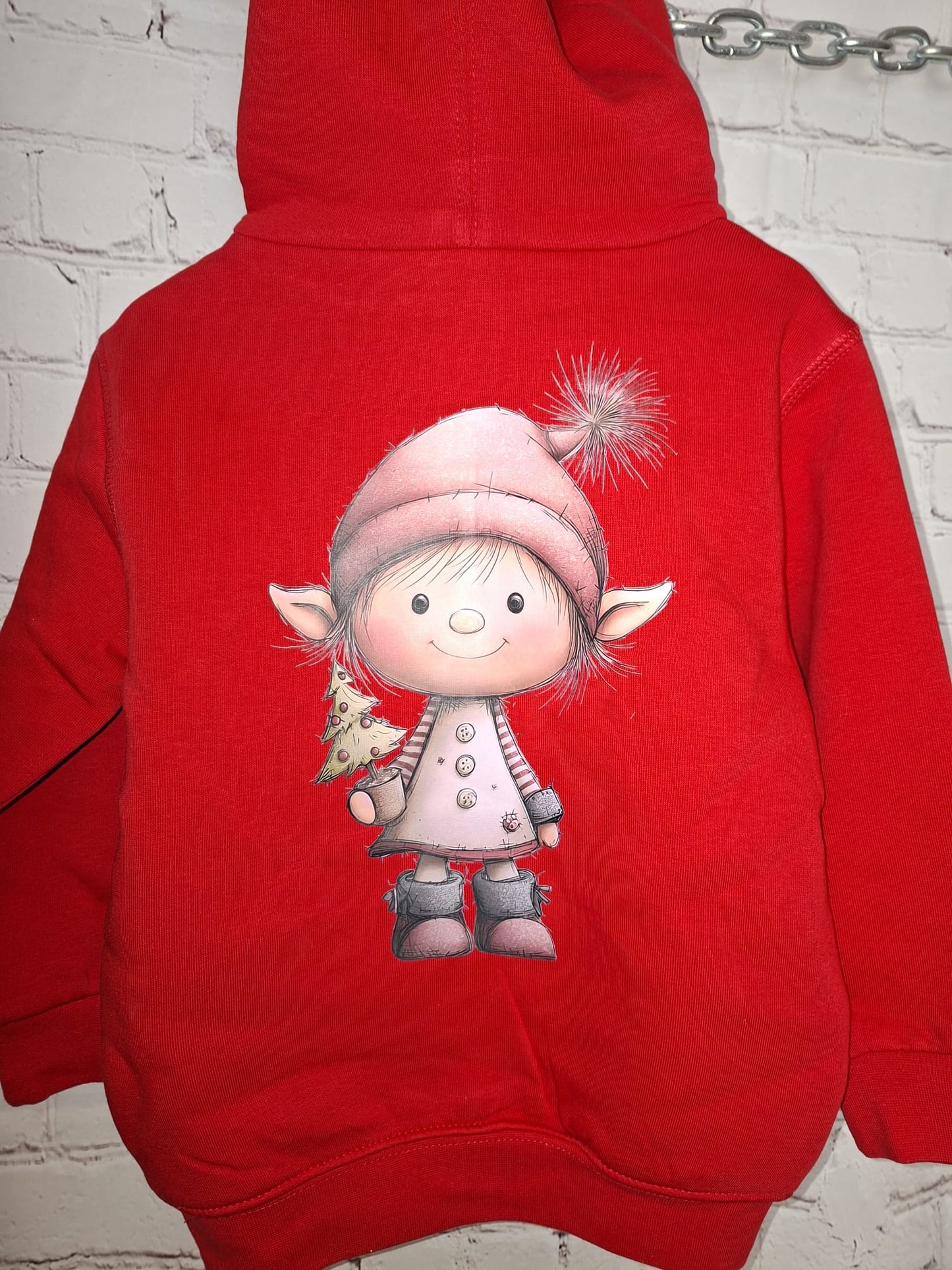 Kinder Hoodie Rot Gr. 98/104 – Weihnachtsmotiv vorne & hinten – kuschelig – Unikat
