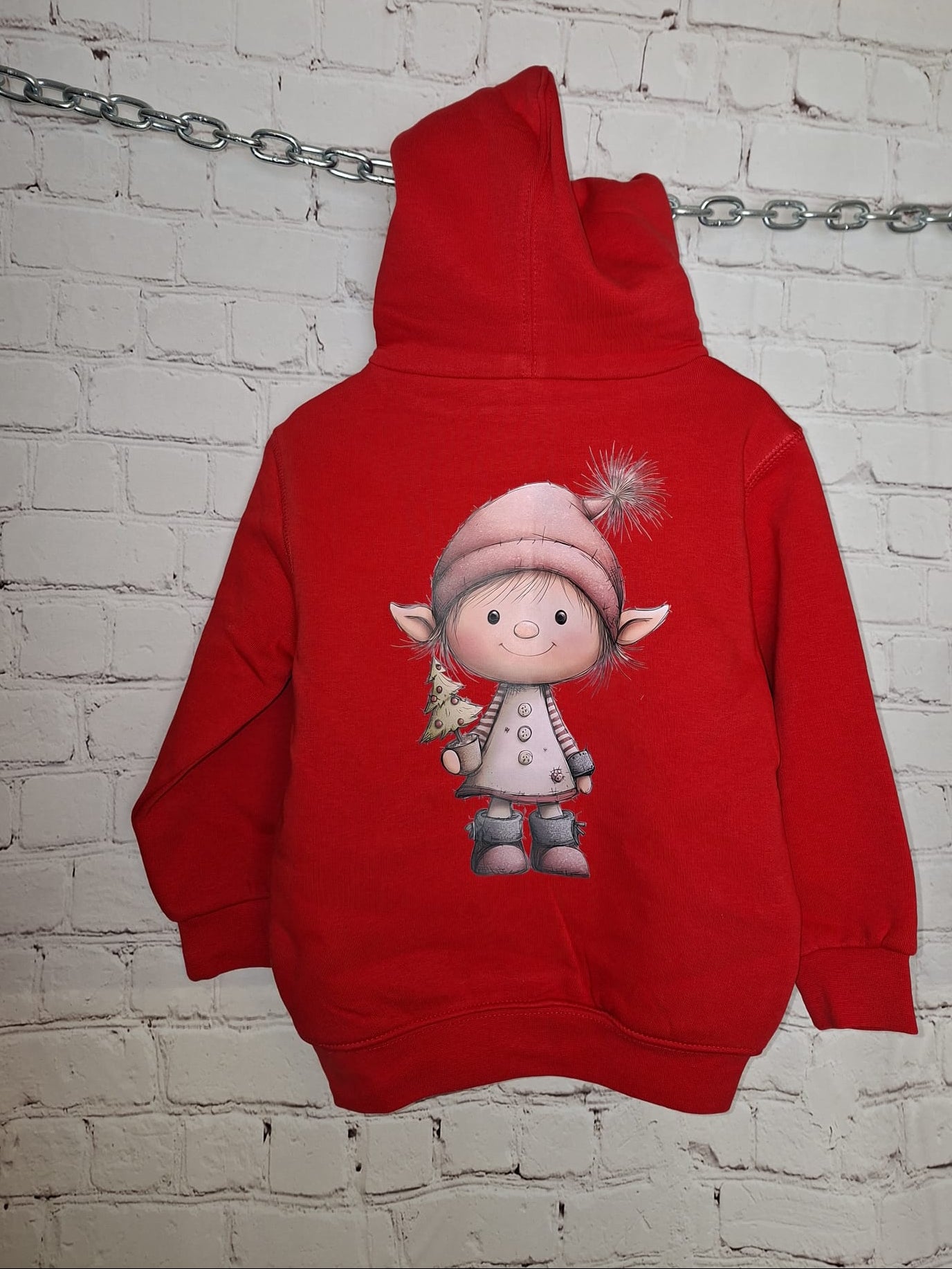 Roter Kinder Hoodie Größe 98/104 mit Weihnachtsmotiv hinten, handveredelt
