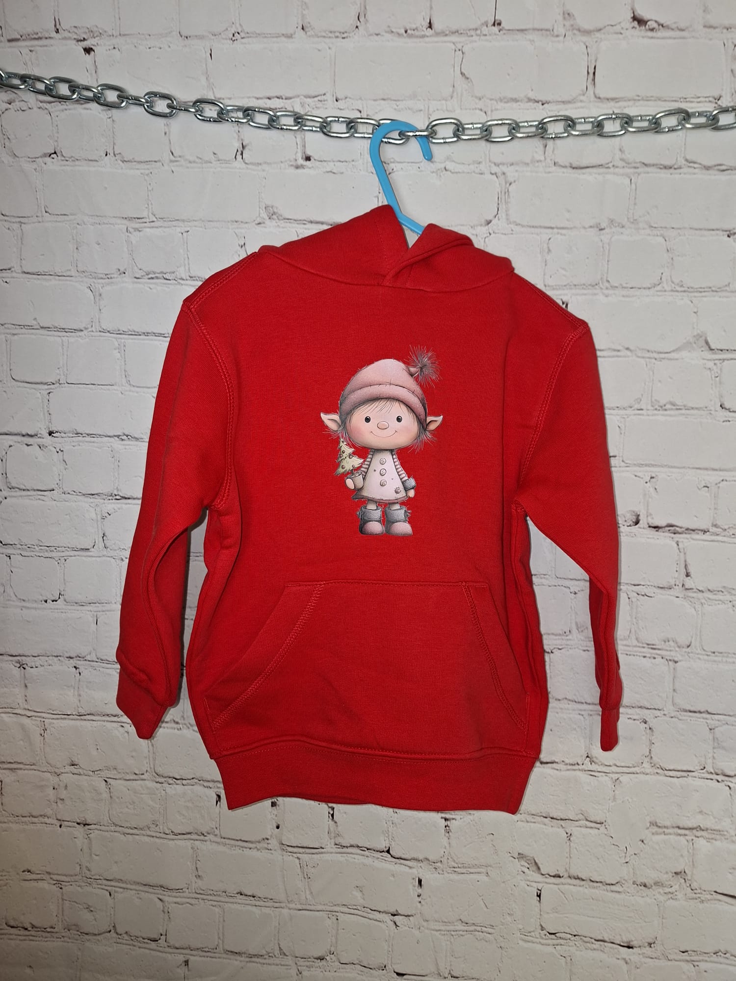 Roter Kinder Hoodie Größe 98/104 mit Weihnachtsmotiv vorne, kuschelig weich