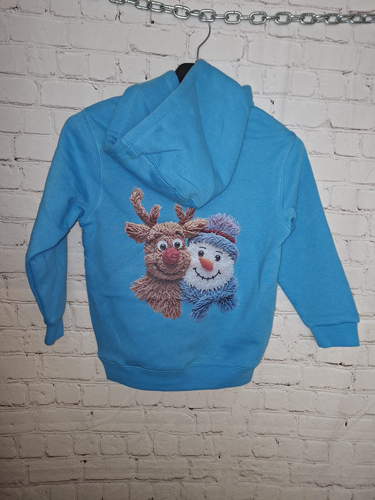 
Kinder Hoodie Eisblau – Rentier & Schneemann Motiv – Größe 122/128 – Winter Hoodie