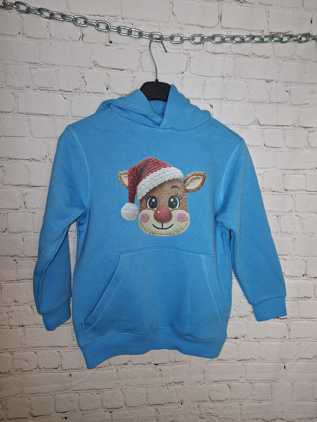 Kinder Hoodie eisblau Größe 122/128 mit Reh und Weihnachtsmütze, handbedruckt, innen weich