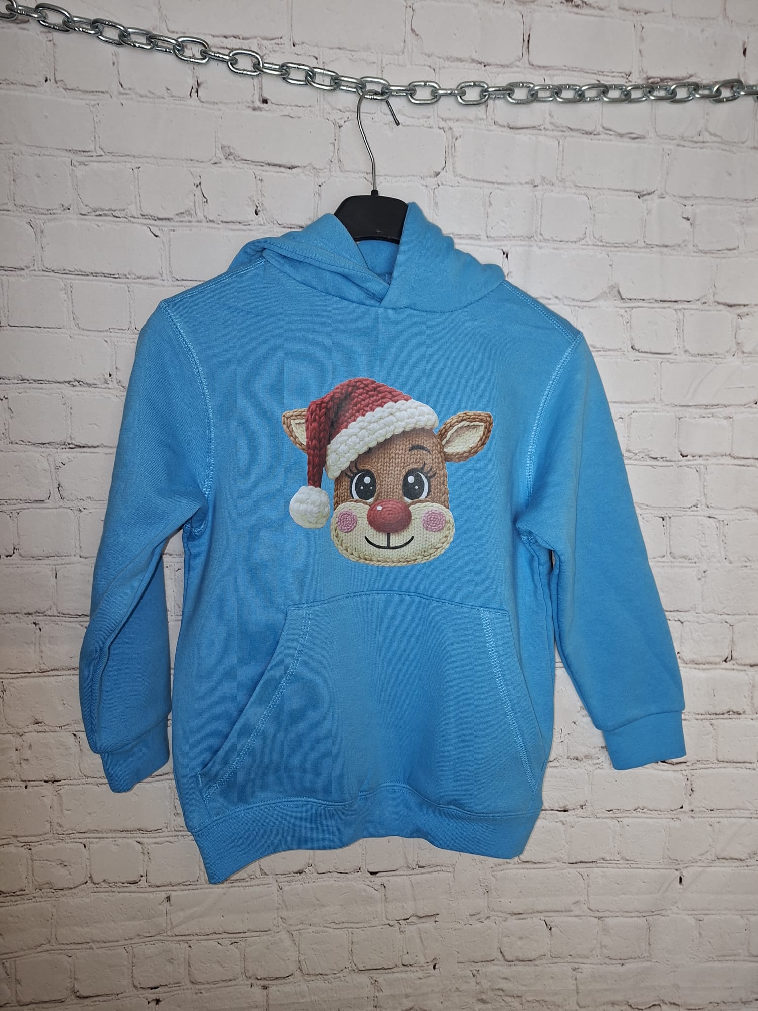 Kinder Hoodie eisblau Größe 122/128 mit Reh und Weihnachtsmütze, handbedruckt, innen weich
