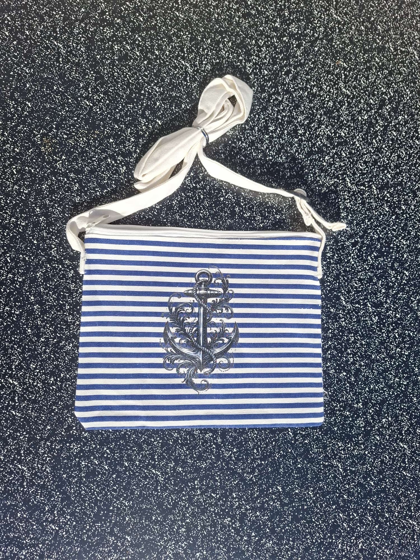 Kleine Umhängetasche Damen maritim Anker – gestreifte Baumwoll Crossbody Tasche blau weiß