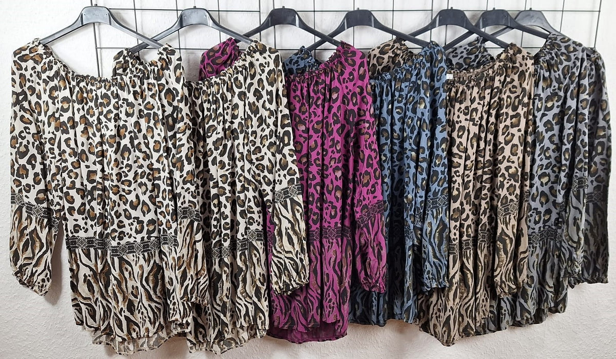 Damen Bluse Leo Print Tunika Langarm
