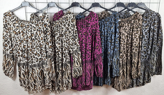 Damen Bluse Leo Print Tunika Langarm