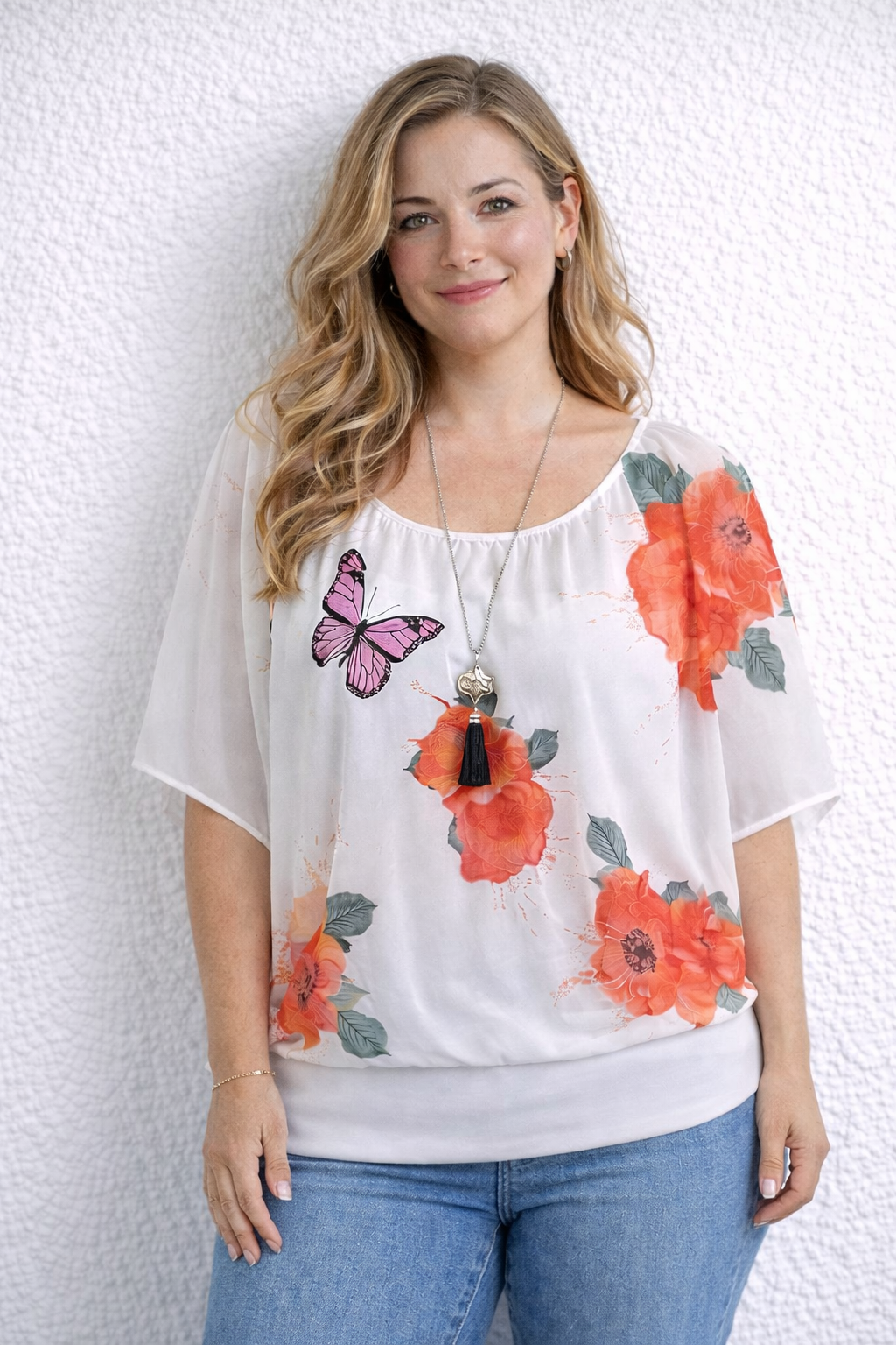 Chiffon Tunika Damen mit floralem Design und Kette als Set
