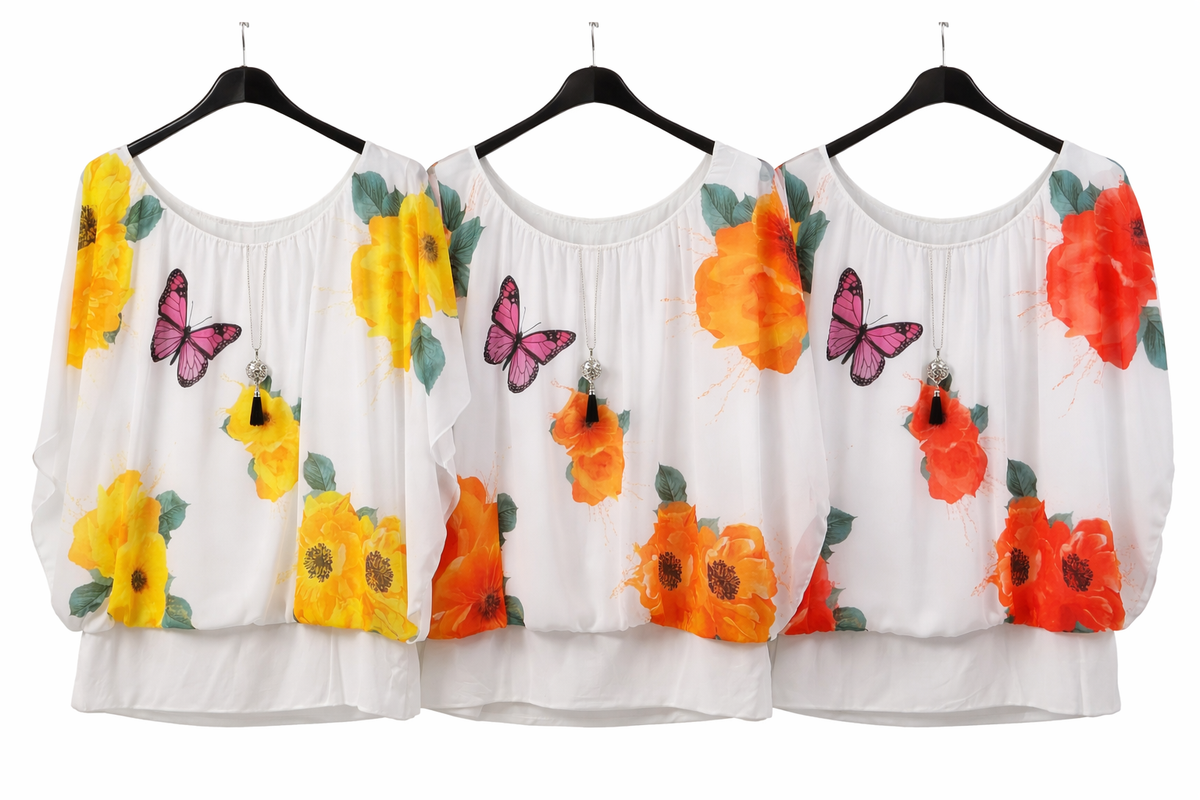 Damen Chiffon Tunika mit Blumen Schmetterling und passender Kette
