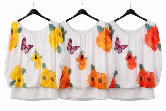 Damen Chiffon Tunika mit Blumen Schmetterling und passender Kette
