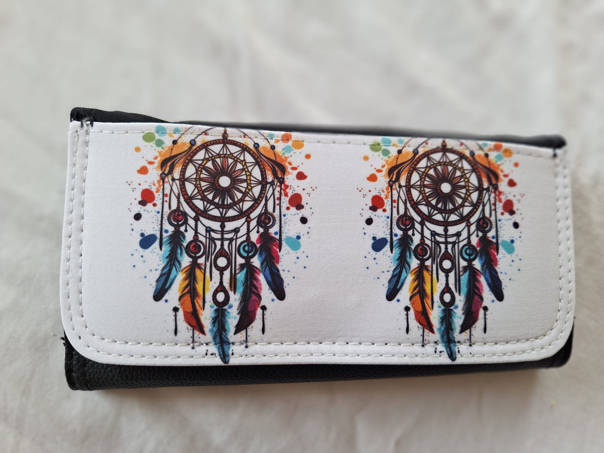 Damen Geldbörse aus Kunstleder mit farbigem Traumfänger-Motiv, Reißverschluss-Münzfach und Kartenfächern