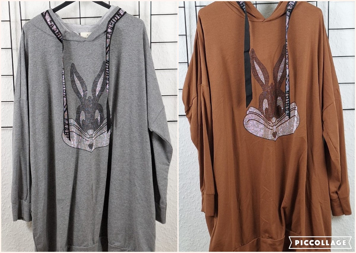 Detailansicht Damen Hoodie mit Hasenmotiv, Kapuze und Eingriffstaschen