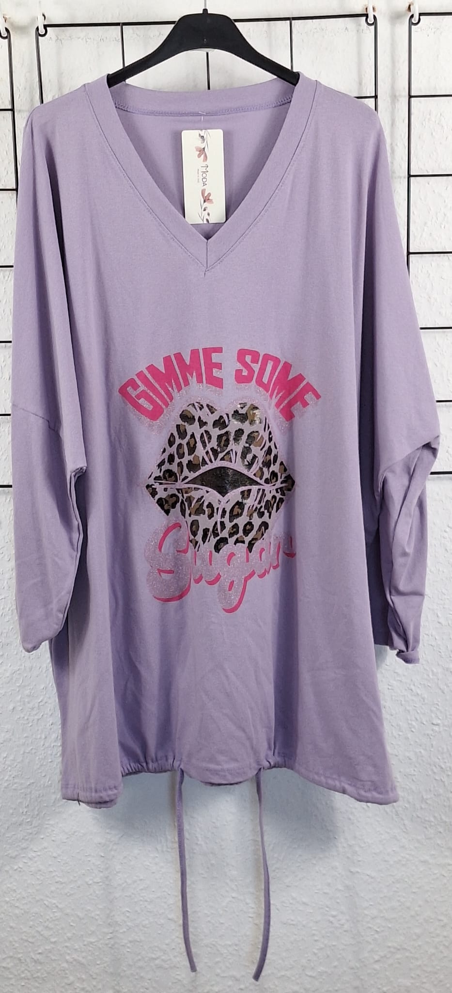 Oversize Damen Longshirt „Gimme Some Sugar“ – Leo Lippen Print – Baumwolle – tragbar 46/48 bis 52/54
