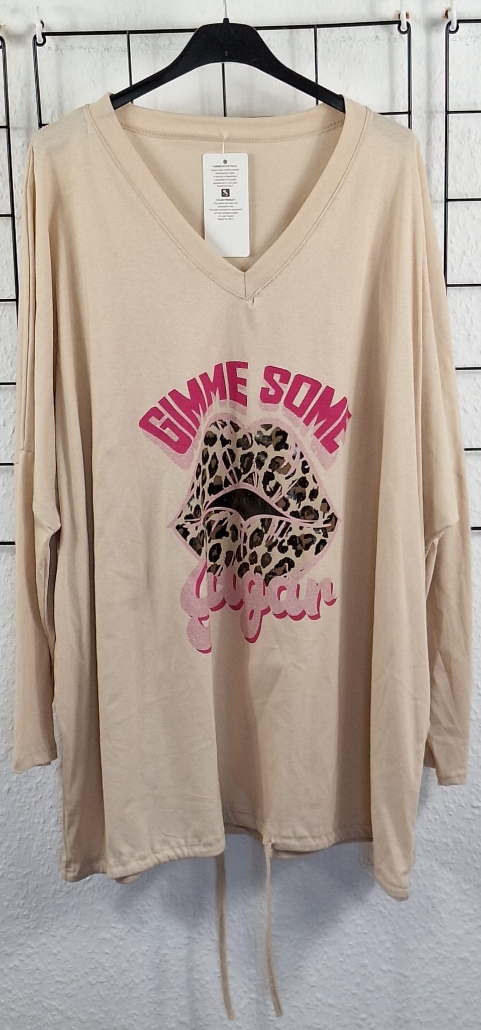 Oversize Damen Longshirt „Gimme Some Sugar“ – Leo Lippen Print – Baumwolle – tragbar 46/48 bis 52/54