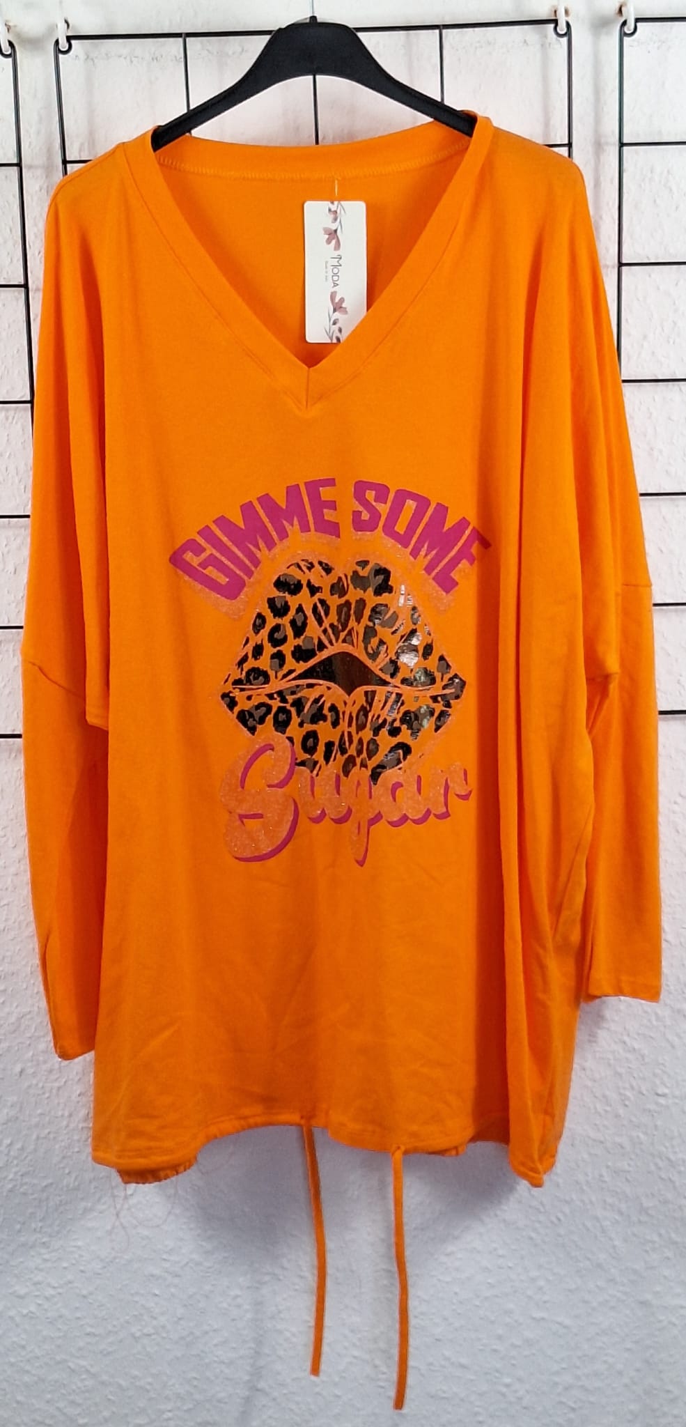 Oversize Damen Longshirt „Gimme Some Sugar“ – Leo Lippen Print – Baumwolle – tragbar 46/48 bis 52/54
