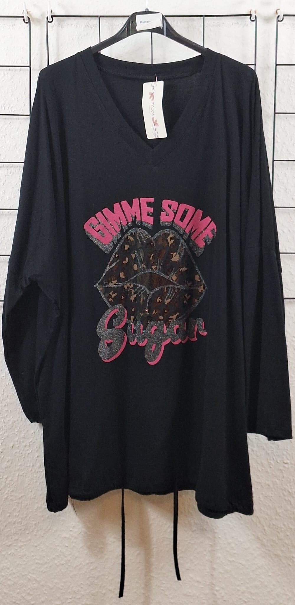 Oversize Damen Longshirt „Gimme Some Sugar“ – Leo Lippen Print – Baumwolle – tragbar 46/48 bis 52/54