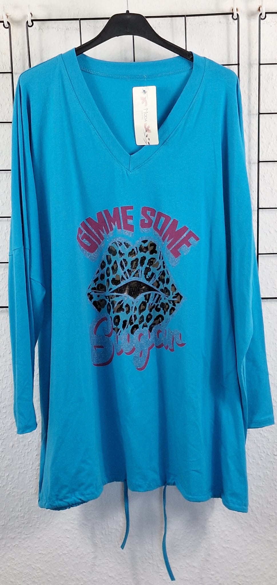 Oversize Damen Longshirt „Gimme Some Sugar“ – Leo Lippen Print – Baumwolle – tragbar 46/48 bis 52/54