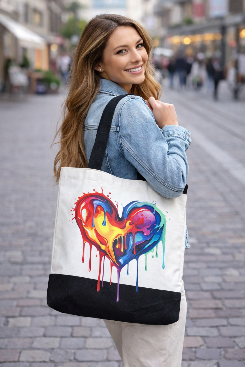 Große Einkaufstasche für Damen mit buntem Herz Motiv als Shopper Tasche getragen