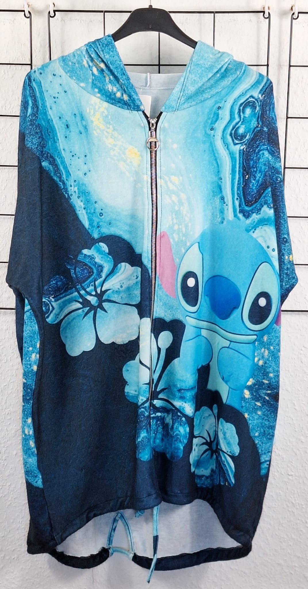 Oversize Damenjacke in großen Größen mit blauem Fantasy-Print und Reißverschluss
