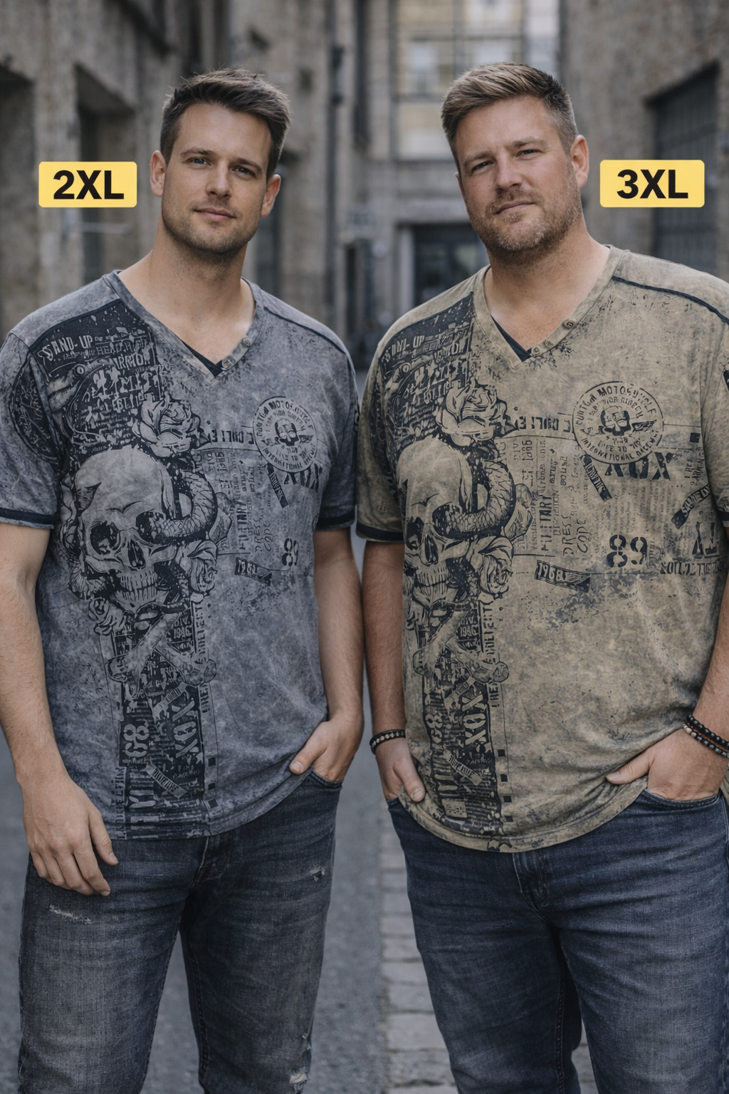 Rusty Neal Herren T-Shirt Skull Vintage Used Look Knopfleiste 2XL 3XL
