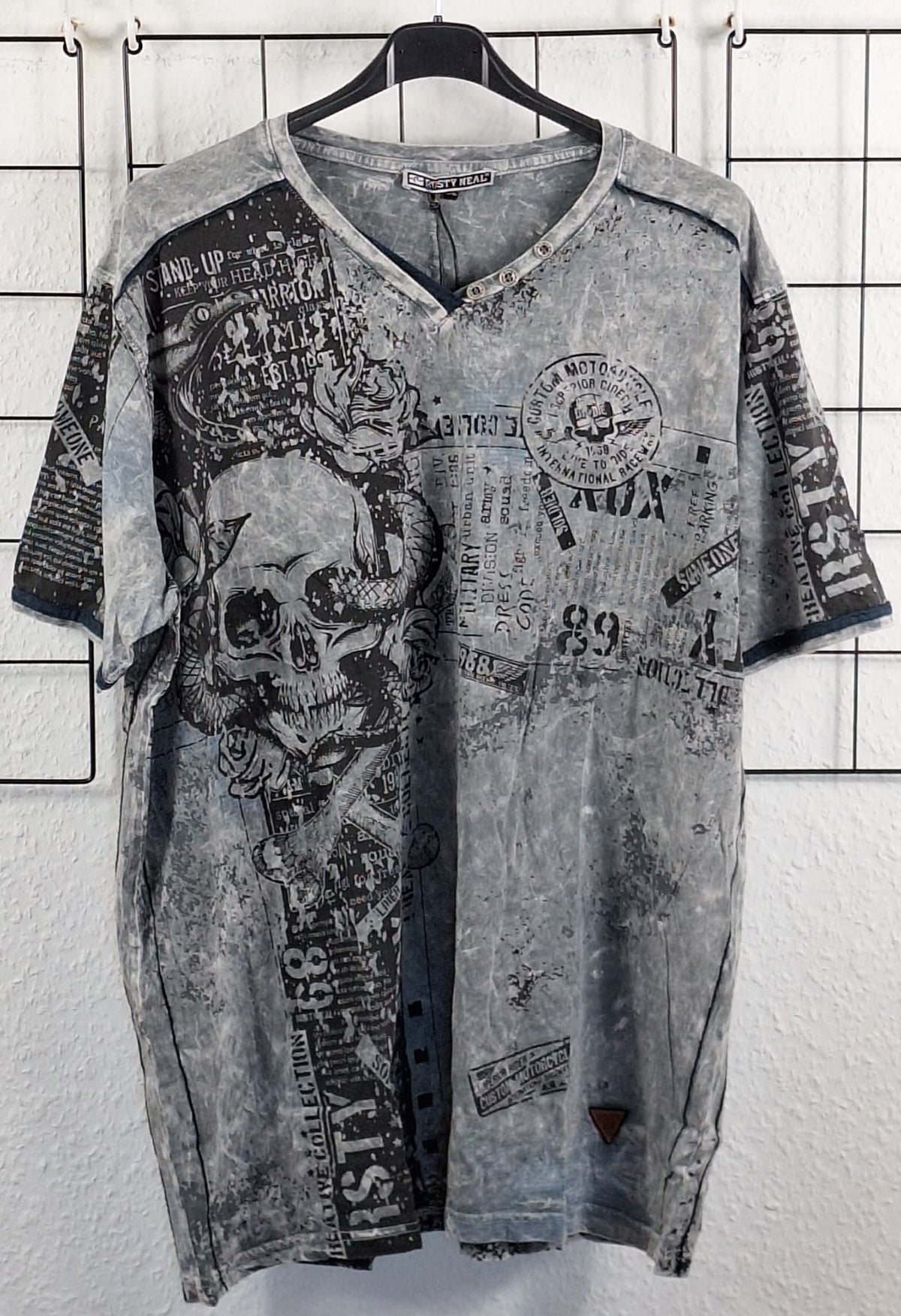 Herren T Shirt Olive Skull Print Vintage Used Look große Größen